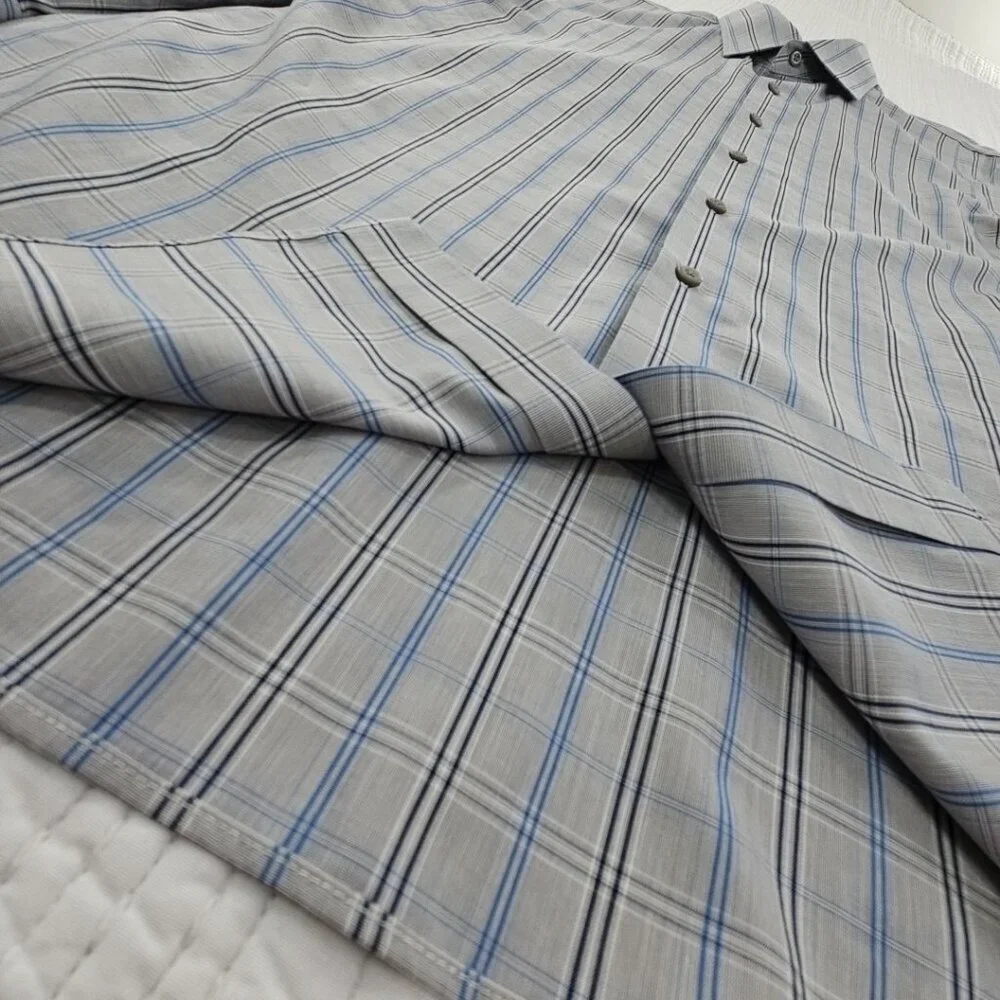Banana Republic Non-Iron Shirt Men's M Gray Blue Check Slim‎ Fit EUC Long Sleeve